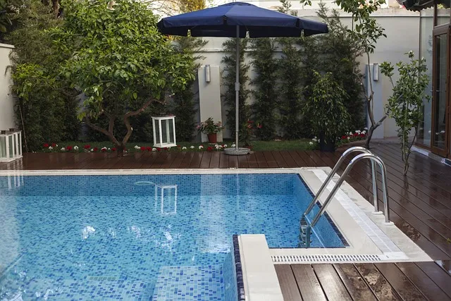 Kolam Renang di teras belakang rumah menyatu dengan taman